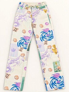 Zara Pastel Abstract Seashell Print Straight Leg Jeans Size 4 Y2K
